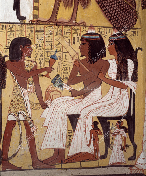 Funeral chamber. Detail: purification of Sennedjem and his wife by their son Bunakhtef.