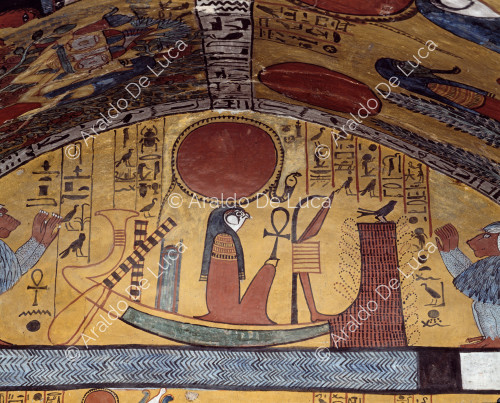 East wall of the burial chamber: Ra-Harakhty in the sun boat.