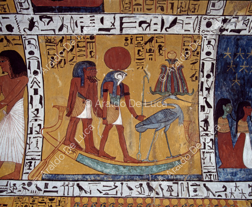 The journey of the solar boat with the dead, Ra-Harakhty and the bird Benu.