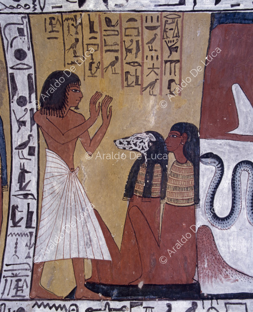 Detail of the south side of the ceiling: Sennedjem worshipping the gods of the West and the serpent.