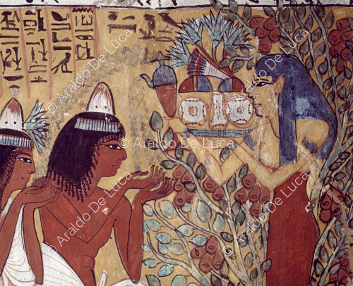 Sennedjem und seine Frau erhalten Opfergaben von der Platanengöttin. Ausschnitt.