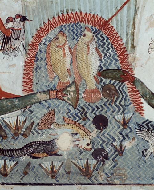 Schilfbett mit Fisch und Krokodil (Detail)