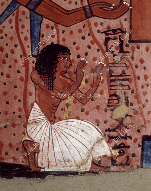 Pashedu kniend in Anbetung unter dem Udjat-Auge (Detail).