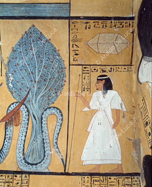 Pannelli ai lati dell'albero Ished: rete di cattura e il capo degli operai Nekhemmut.