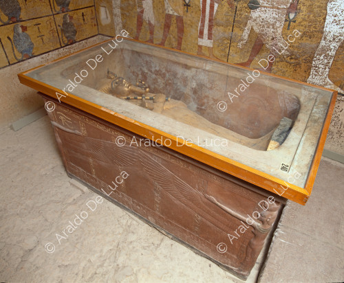 Le sarcophage en quartzite. Détail du sarcophage