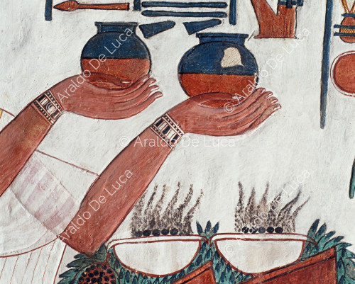 Nefertari ofrece las jarras nemset a Isis, Neftis y Maat