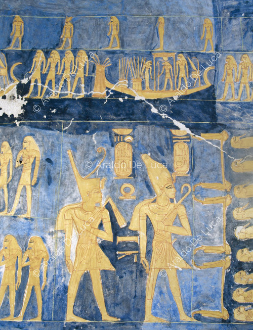 Zwei Darstellungen von Ramses IX. und der Fahrt des Sonnenschiffs