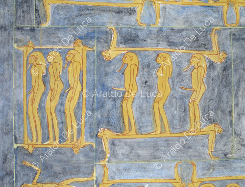 Detail der Decke mit menschlichen Figuren, die auf einer Reihe von Betten liegen