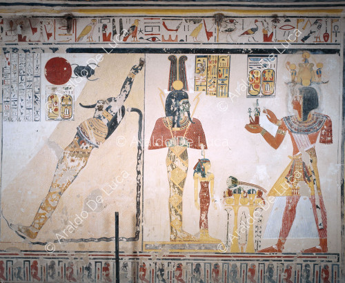 Ithyphallischer Osiris und Ramses IX. opfern Ptah Maat