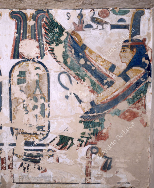 The winged goddess Maat protects the cartouches of Seti I