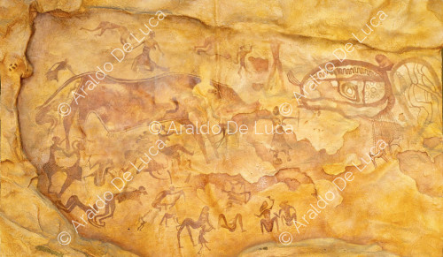 Copie d'une peinture rupestre représentant une scène de chasse