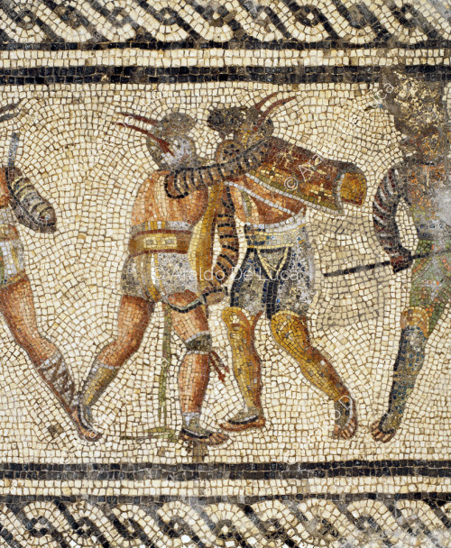 Mosaïque de gladiateurs. Détail avec scène de combat