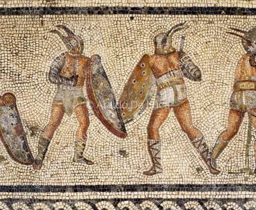 Gladiator-Mosaik. Detail mit Kampfszene