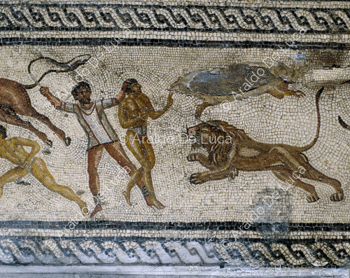 Mosaik eines Gladiators. Detail mit damnatio ad bestias