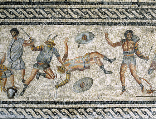 Gladiator mosaic. Detail with fight scene