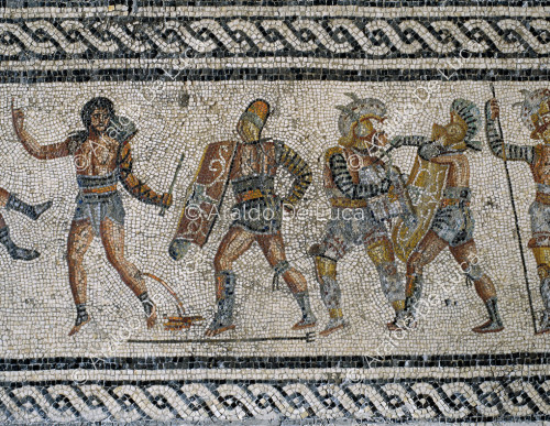 Gladiator-Mosaik. Detail mit Kampfszene