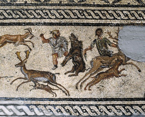 Gladiator-Mosaik. Detail mit Szene der damnatio ad bestias