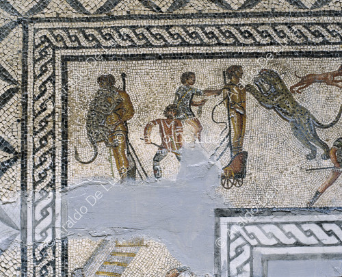 Gladiator-Mosaik. Detail mit Szene der damnatio ad bestias