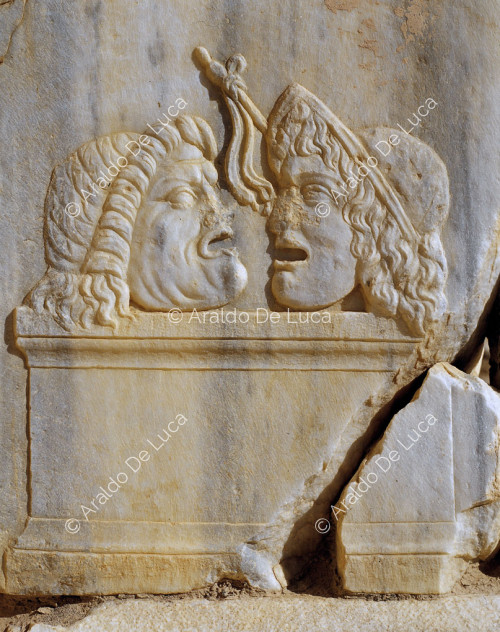Roman Theatre of Sabrata. Frieze with tragic masks from the Greek theatre