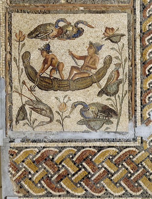 Mosaik der Jahreszeiten. Detail mit Pygmäen in einem Boot