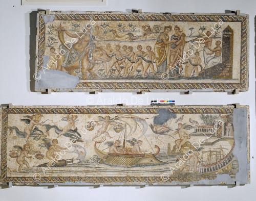 Mosaik aus der Villa am Nil. Detail mit Amoretten und dem Gott Nil