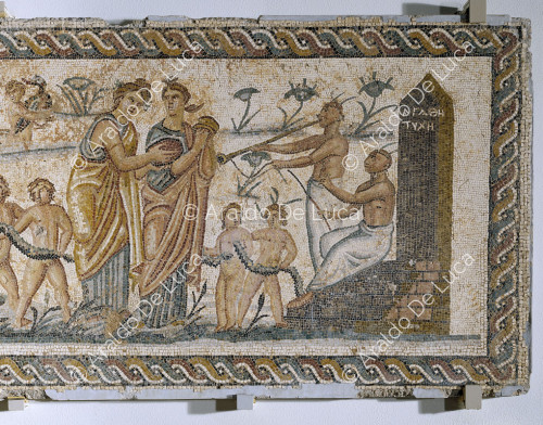 Mosaico de la Villa del Nilo. Detalle con procesión de Ninfas