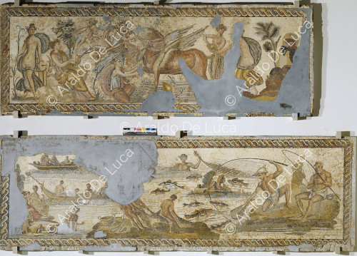 Mosaikplatten mit Fischerszenen und Nymphen und Pegasus an der Quelle
