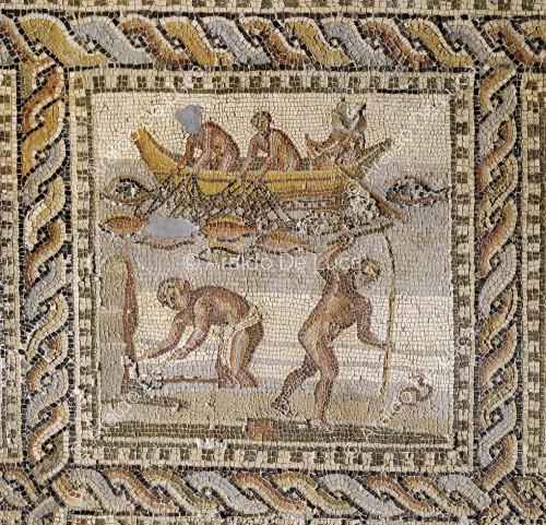 Mosaico de Orfeo. Detalle con escena de pesca