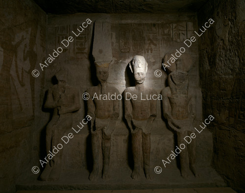 The inner sanctum of Abu Simbel: detail of Ramesses II between Ptah, Amon-Ra and Ra-Horakhty
