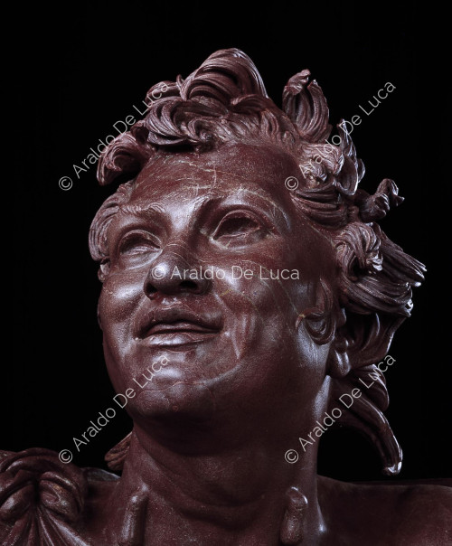 Statua di Fauno ebbro in rosso antico. Particolare del viso