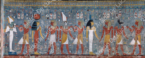 Horemhed con Osiride, Hathor, Horus, Iside e Anubi