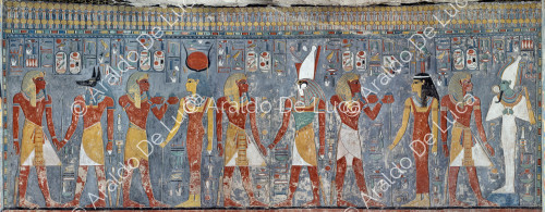 Horemheb con Anubi, Iside, Horus e Hathor