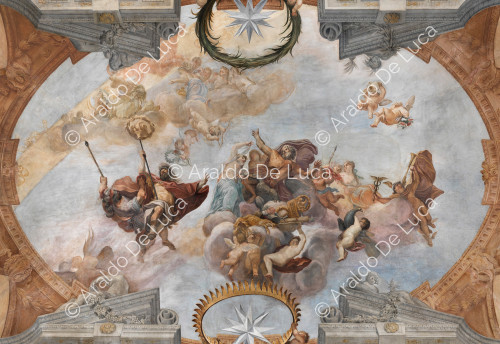 Central fresco framed by the decorative architectural cornice - The Apotheosis of Romulus, detail