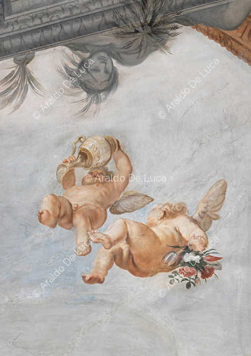 Angelots avec cruche renversée et fleurs - L'Apothéose de Romulus, partculier
