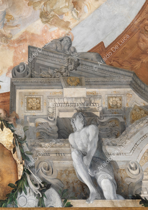 Marco arquitectónico y decorativo con la alegoría del Invierno y Atlas - La Apoteosis de Romulus, particular