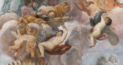 Amorcillos que conduce hacia el cielo insignias romana y pavo real - La Apoteosis de Romulus, particular