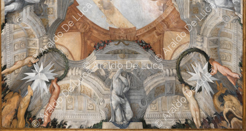Marco arquitectónico y decorativo con amorcillos que sustentan coronas de plantas y Atlas - La Apoteosis de Romulus, particular