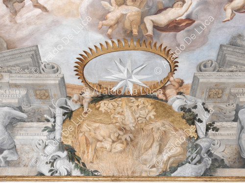 Stern heraldik Altieri von goldenen krone über Medaillon mit Romulus und Remus von der völfin gesäugt und dem Tiber - Die Apotheose von Romulus, besonder