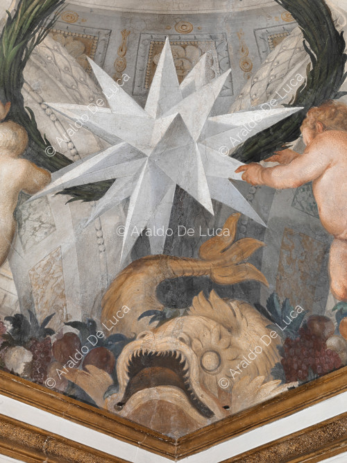 Étoiles héraldique Altieri dans une couronne végétale soutenue par angelots - L'Apothéose de Romulus, partculier