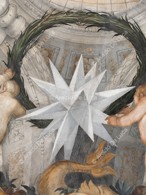 Star heraldry Altieri within a plant crown supported by cherubs - The Apotheosis of Romulus, detail