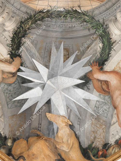 Estrella Altieri heráldica en una corona vegetal sustentada por amorcillos - La Apoteosis de Romulus, particular