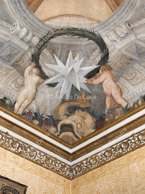 Étoiles héraldique Altieri dans une couronne végétale soutenue par angelots - L'Apothéose de Romulus, partculier