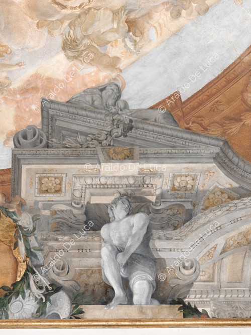 Marco arquitectónico y decorativo con la alegoría del Invierno y Atlas - La Apoteosis de Romulus, particular