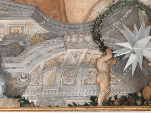 Amorcillo que sustenta la corona vegetal con la estrella heráldico Altieri; marco arquitectónico y decorativo - La Apoteosis de Romulus, particular