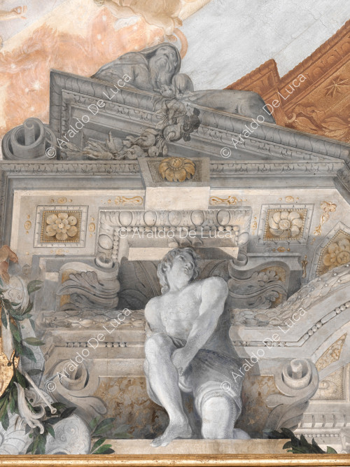 Architectural and decorative frame with Winter allegory and Atlas - The Apotheosis of Romulus, detail