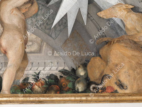 Cherub sustaining the plant crown with the heraldic star Altieri; various animals and fruits - The Apotheosis of Romulus, detail