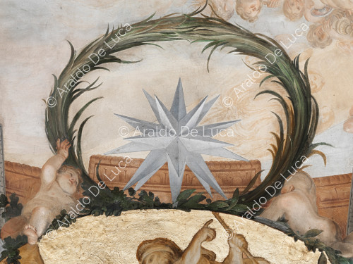 Star heraldry Altieri within a plant crown supported by cherubs - The Apotheosis of Romulus, detail
