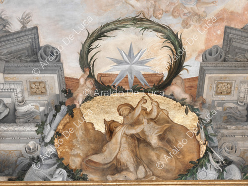 Estrella Altieri heráldica en una corona de plantas por encima de un medallón con Romulus que aparece a Julio Próculo; marco arquitectónico con Atlas - La Apoteosis de Romulus, particular