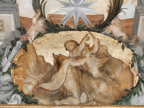 Stern heraldik Altieri innerhalb einer anlage krone über einem medaillon mit Romulus zu Julius Proculus erscheinen; architekturrahmen mit Atlanten - Die Apotheose von Romulus, besonder