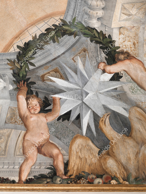 Estrella Altieri heráldica en una corona vegetal sustentada por amorcillos y águila - La Apoteosis de Romulus, particular